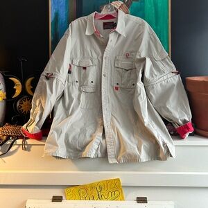 JNCO Casual Button Down Utility Shirt - Beige Red Large